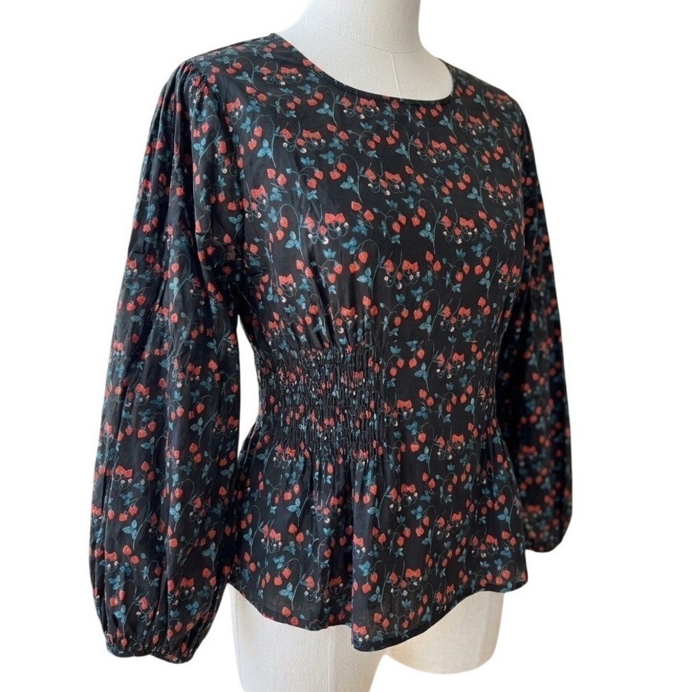 J Crew Liberty of London Strawberry Blouse 8 M Smocked Peplum Shirt Cottage Top